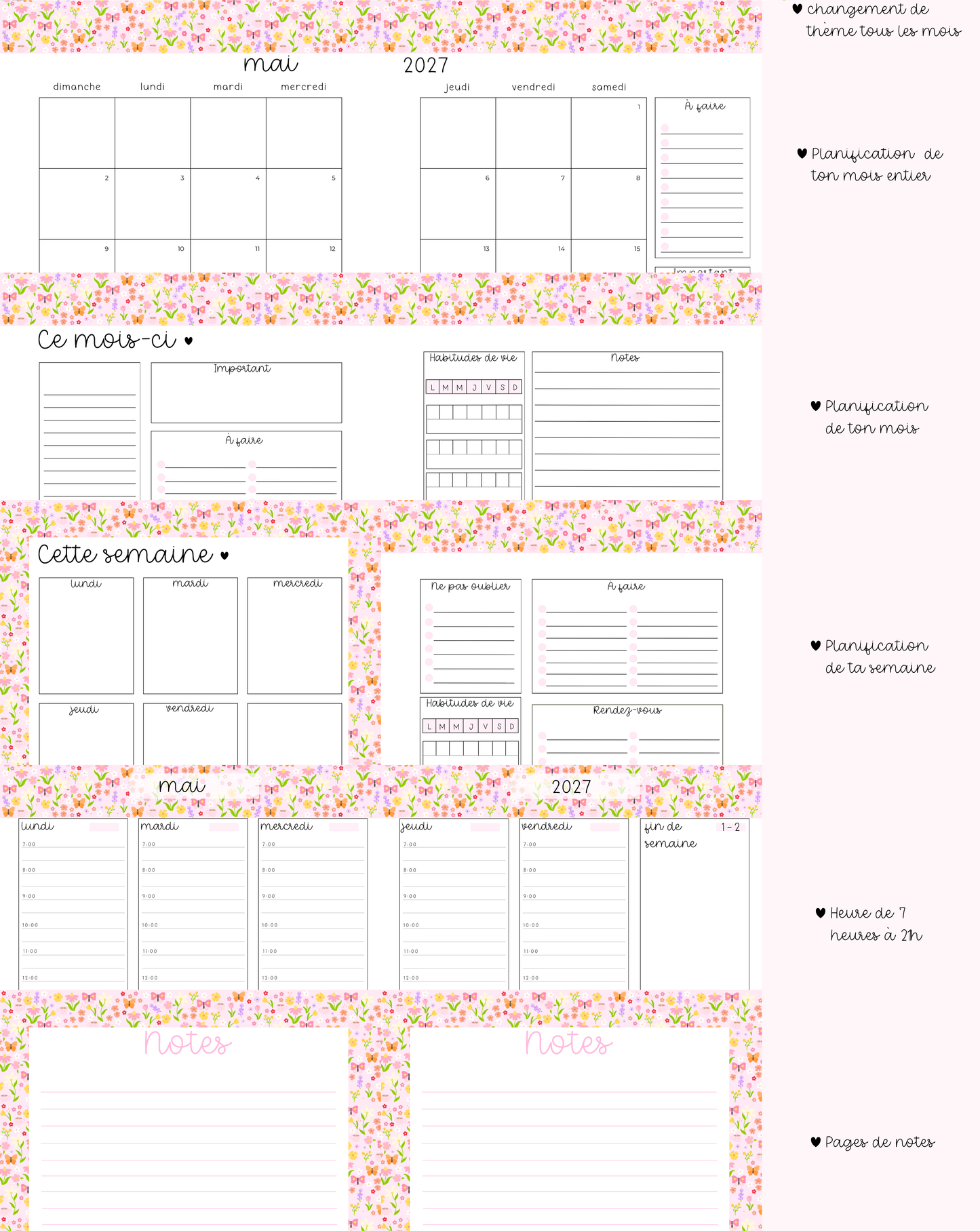 Agenda planificateur | Daté | 2026-2027 | Bouquets de roses