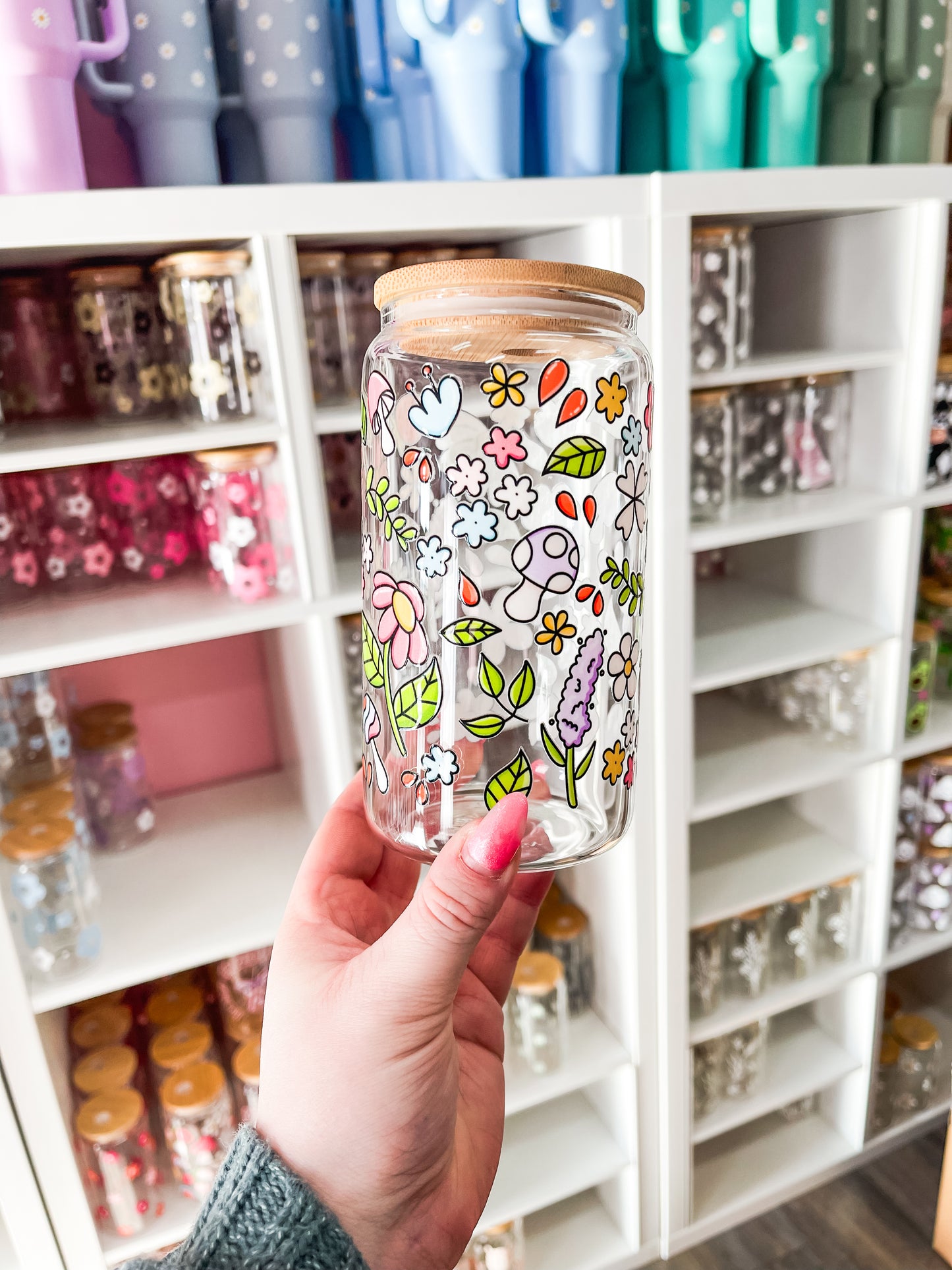 Verre 16 oz | Été | Champignons et fleurs