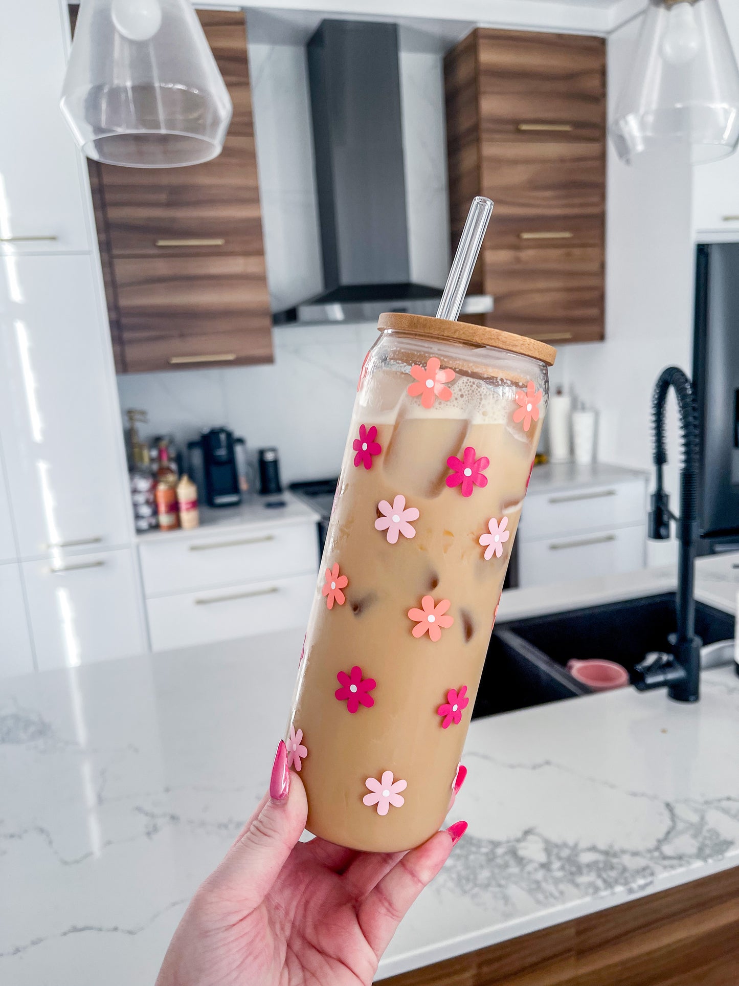 Verre 16 oz | Fleurs roses et oranges