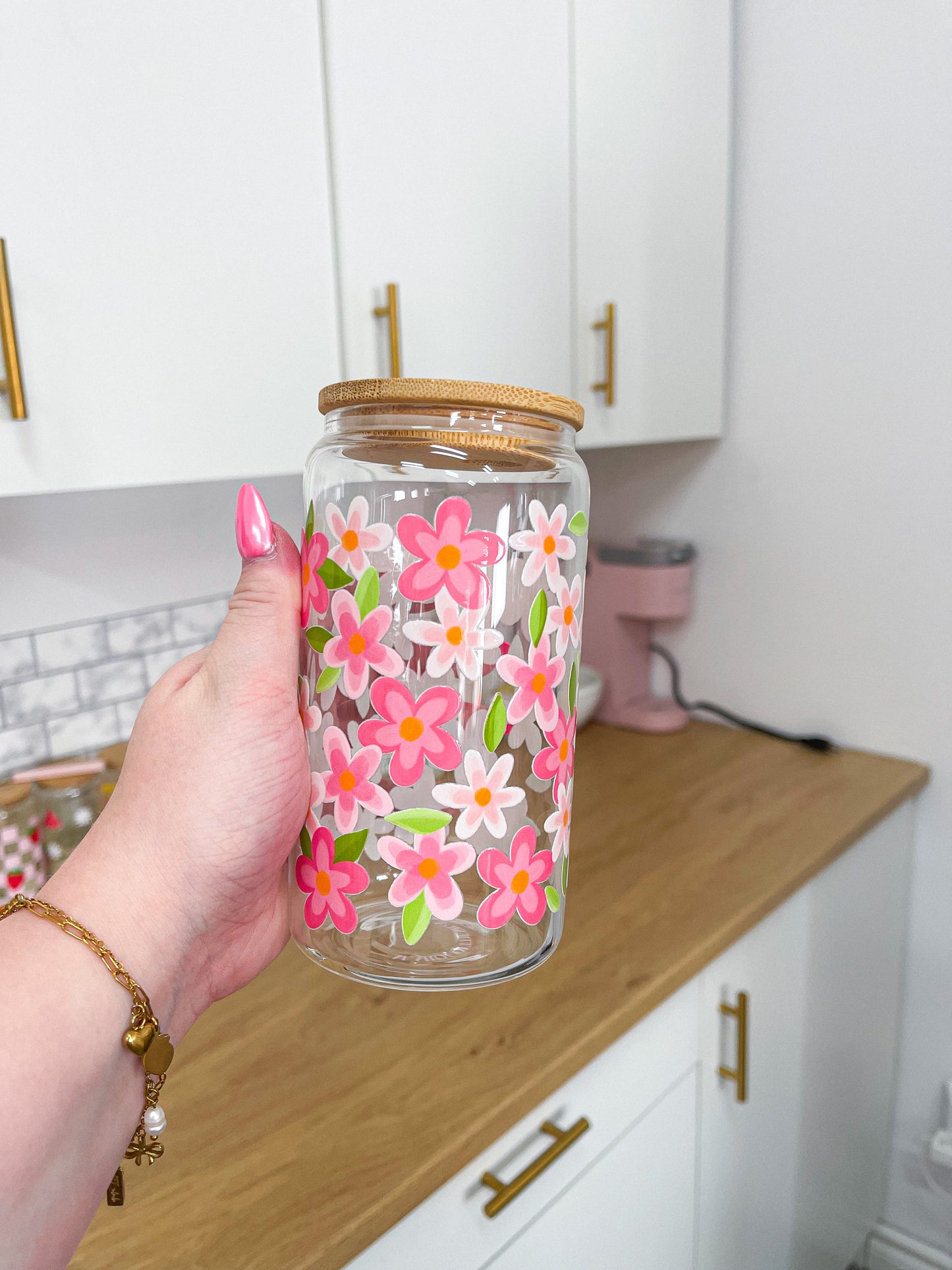 Verre 16 oz | Fleurs fuchsia et feuilles