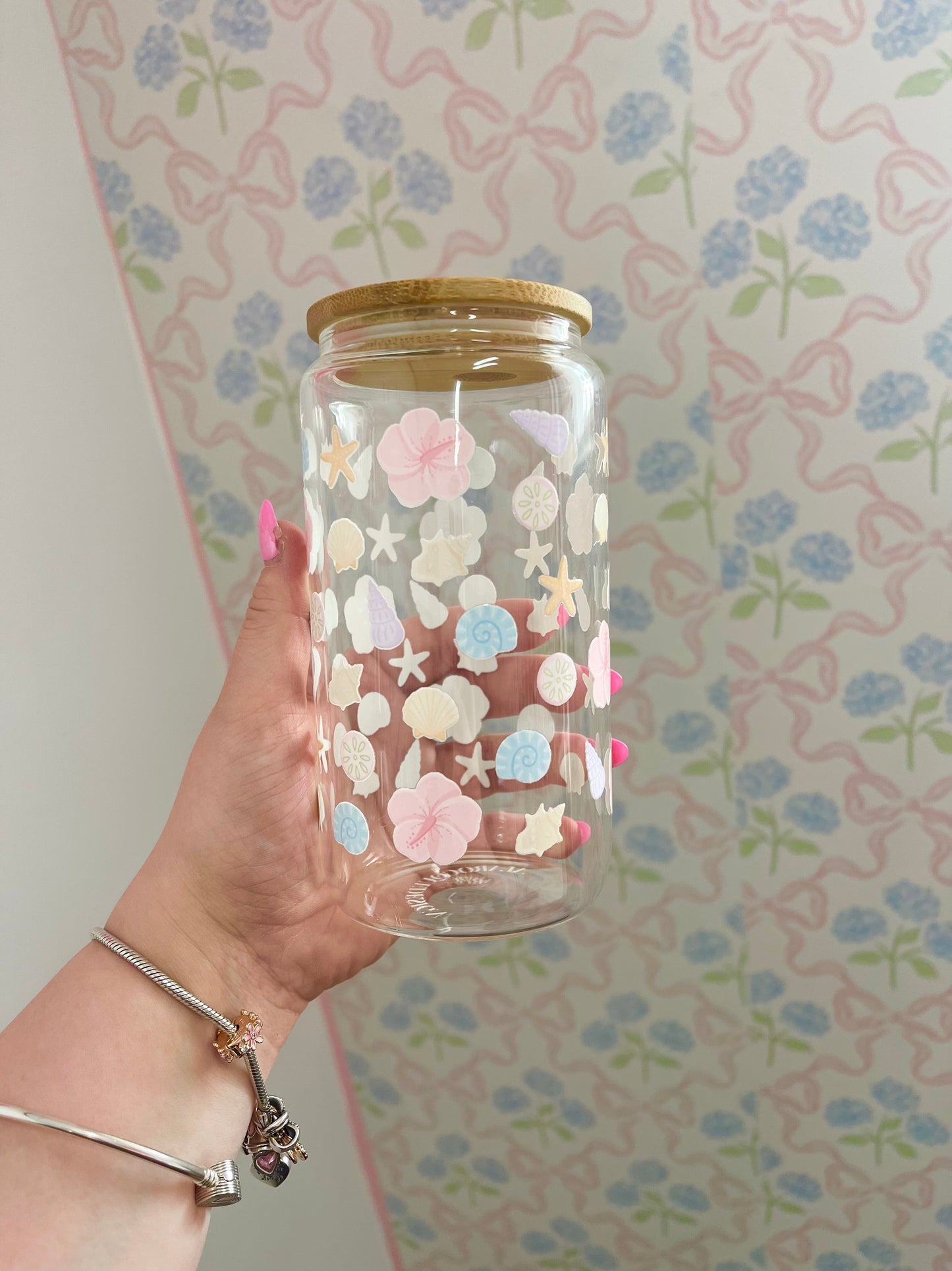 Verre 16 oz | Été | Coquillages, étoiles de mer et hibiscus