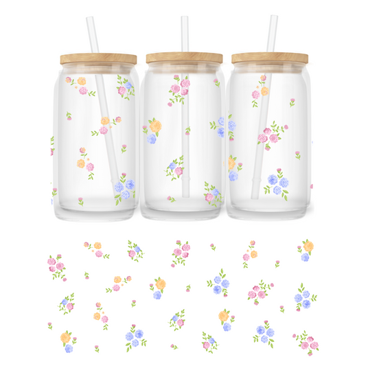 Verre 16 oz | Printemps | Fleurs bleues, oranges et roses