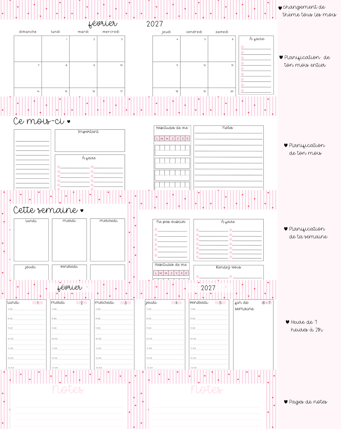 Agenda planificateur | Daté | 2026-2027 | Bouquet de fleurs et boucles