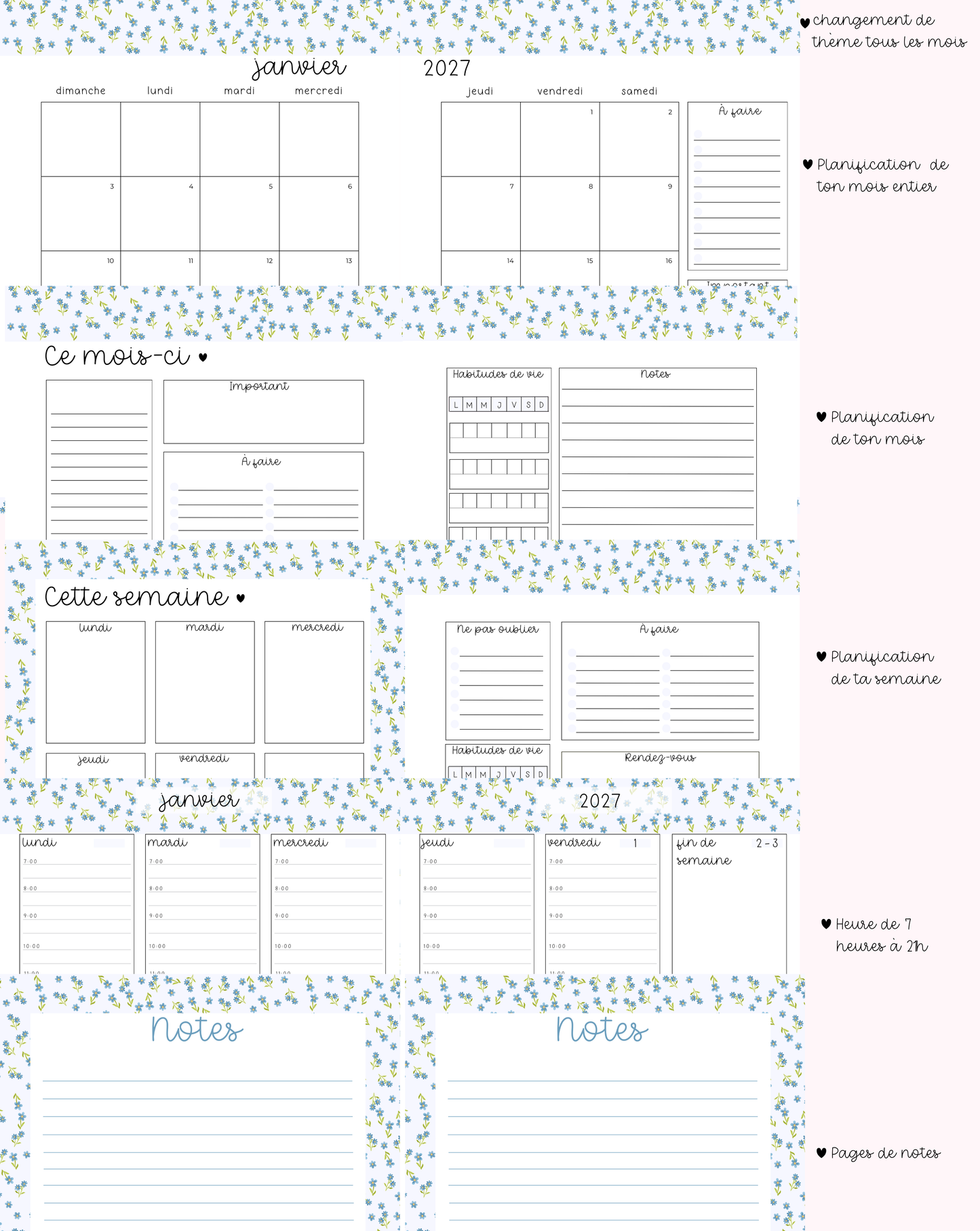Agenda planificateur | Daté | 2026-2027 | Bouquet de fleurs et boucles