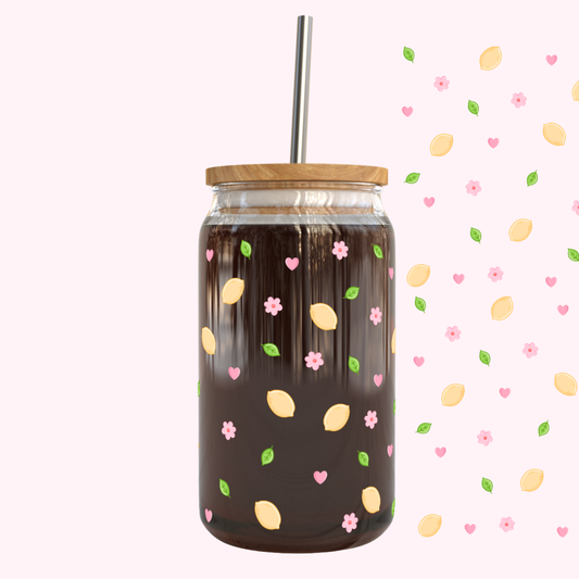 Verre 16 oz | Été | Citrons et fleurs roses