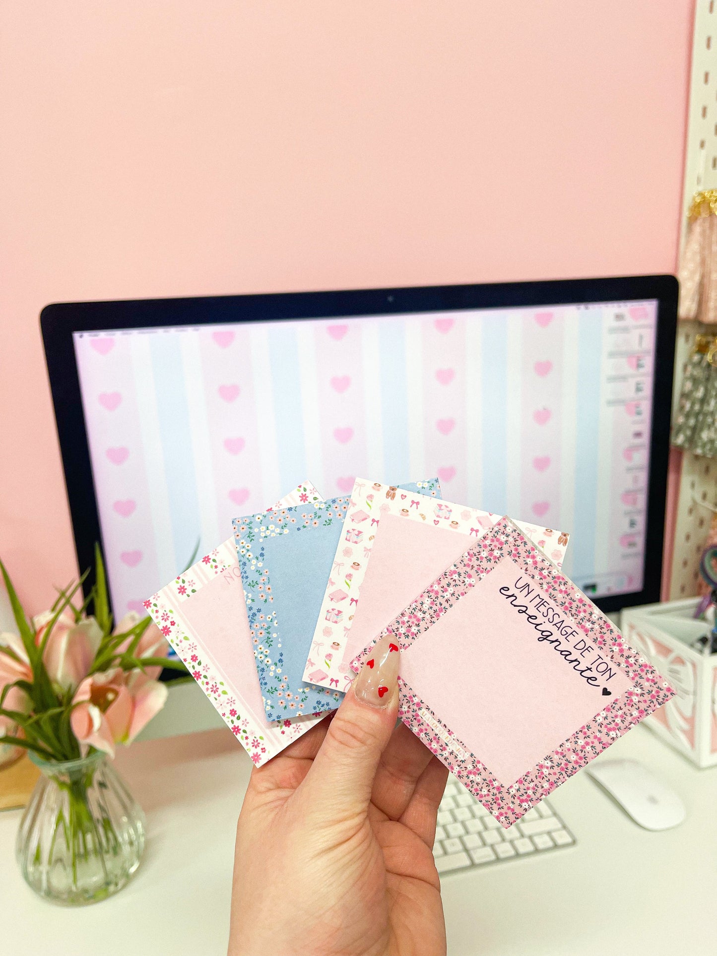 Bloc-notes autocollantes | Fleurs bleues, roses et blanches