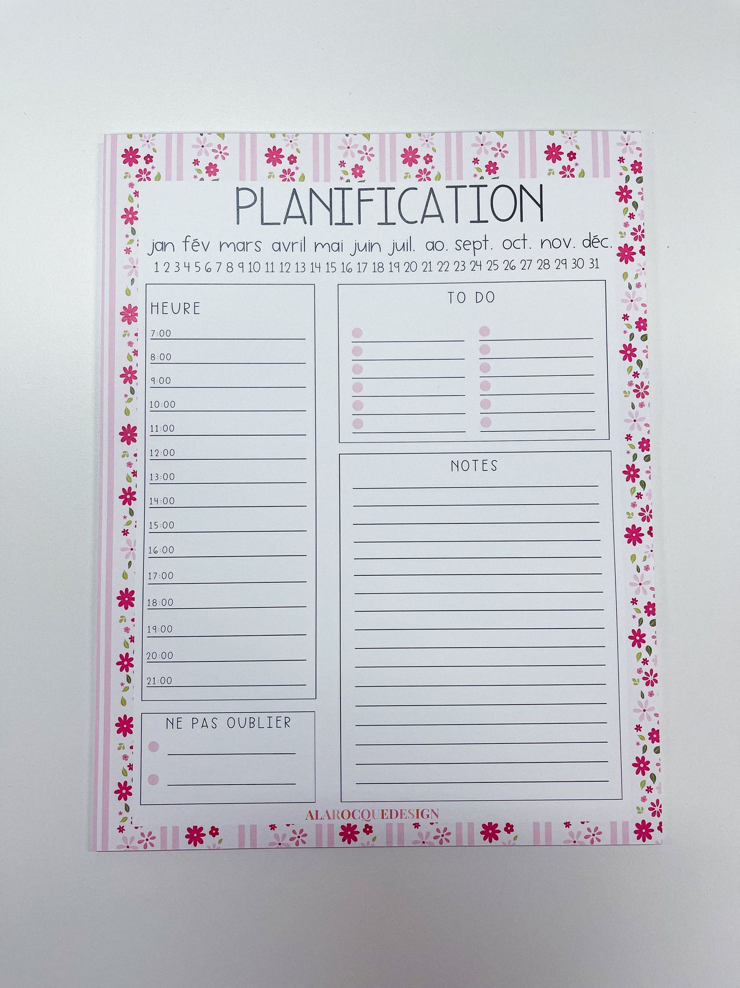 Planificateur journalier | Lignes roses et fleurs