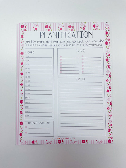 Planificateur journalier | Lignes roses et fleurs