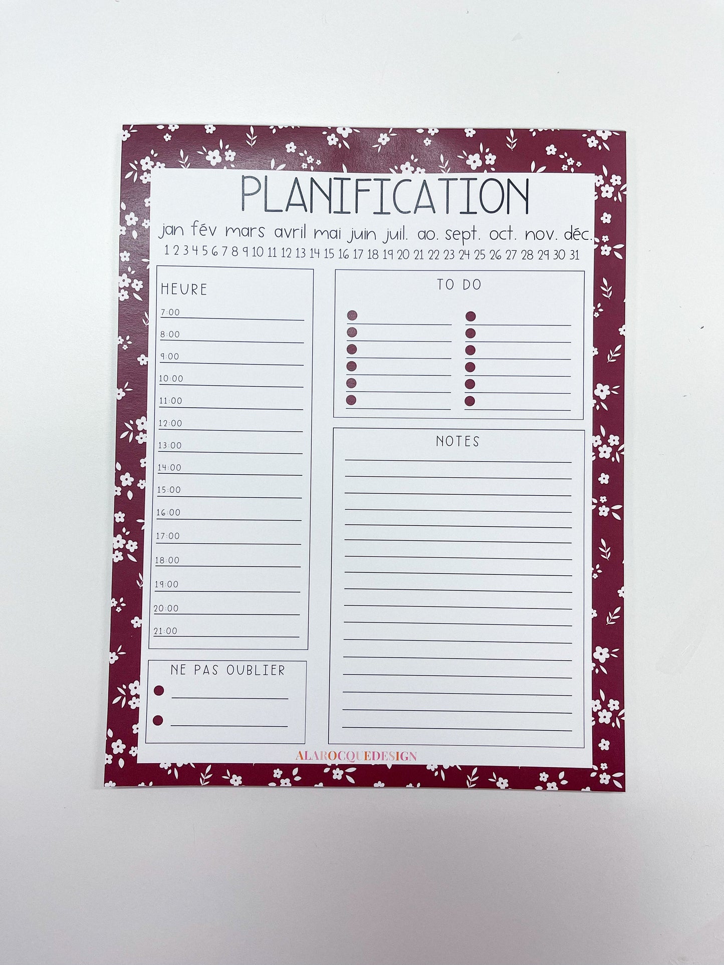 Planificateur journalier | Rouge et fleurs blanches