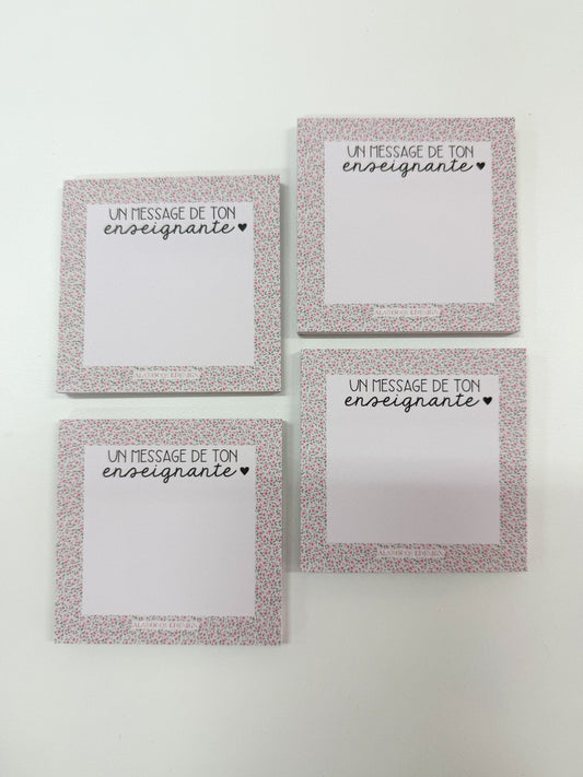 Bloc-notes autocollantes | Un message de ton enseignante | Fleurs roses vintages