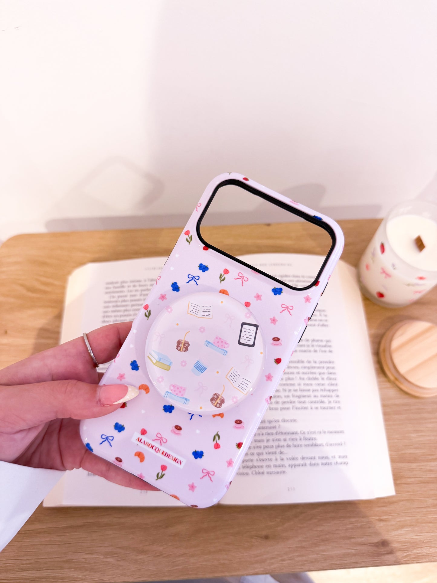 Poignée à téléphone ou liseuse | Magnétique | Café, livres et fleurs
