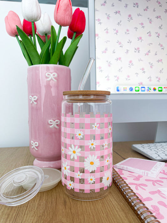 Verre 16 oz | Printemps | Carreauté rose et marguerites