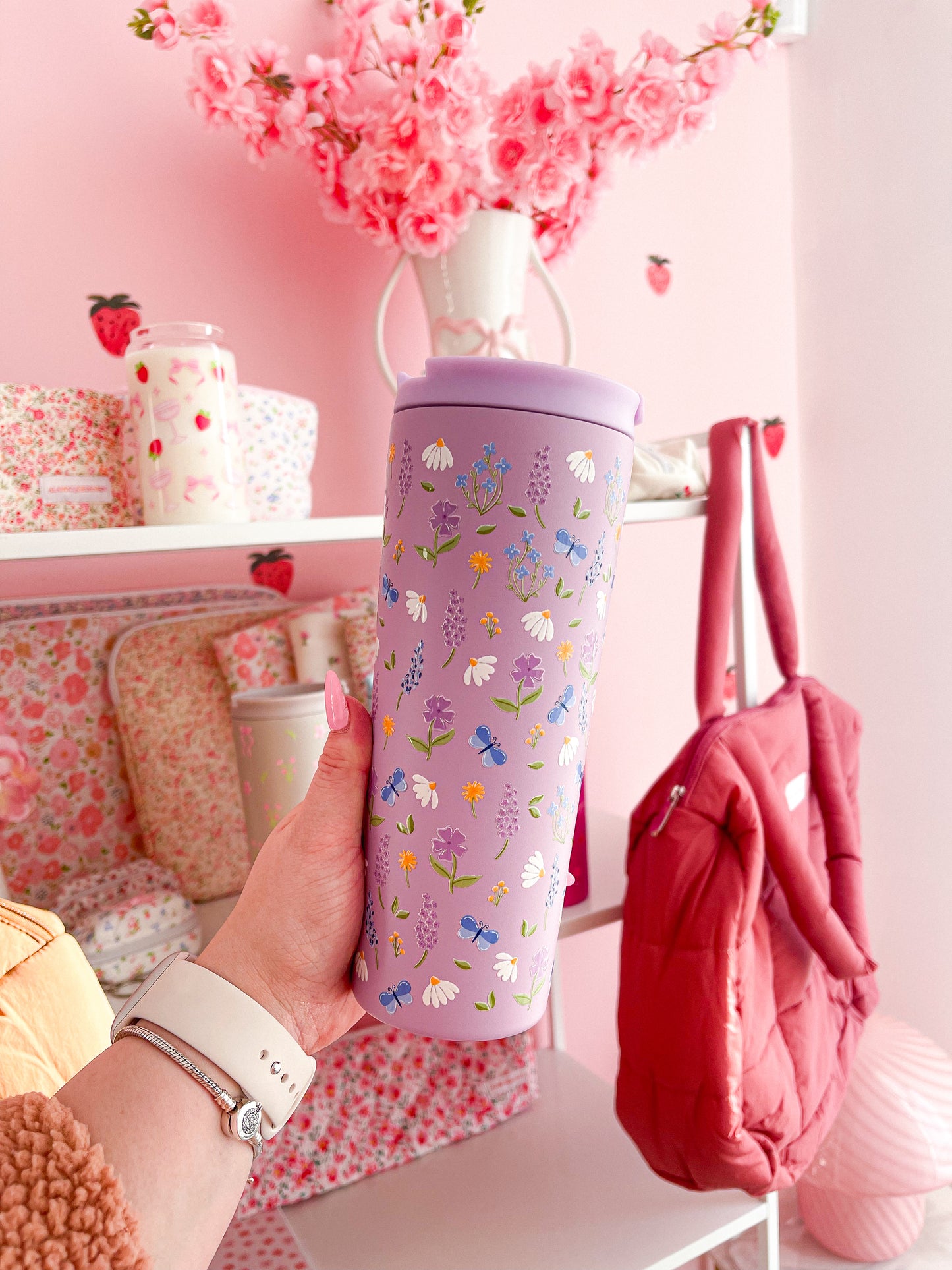 Bouteille isotherme 24 oz | Mauve | Champs de fleurs et papillons
