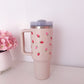 Bouteille à poignée 40 oz | Beige | Fraises rouges et roses