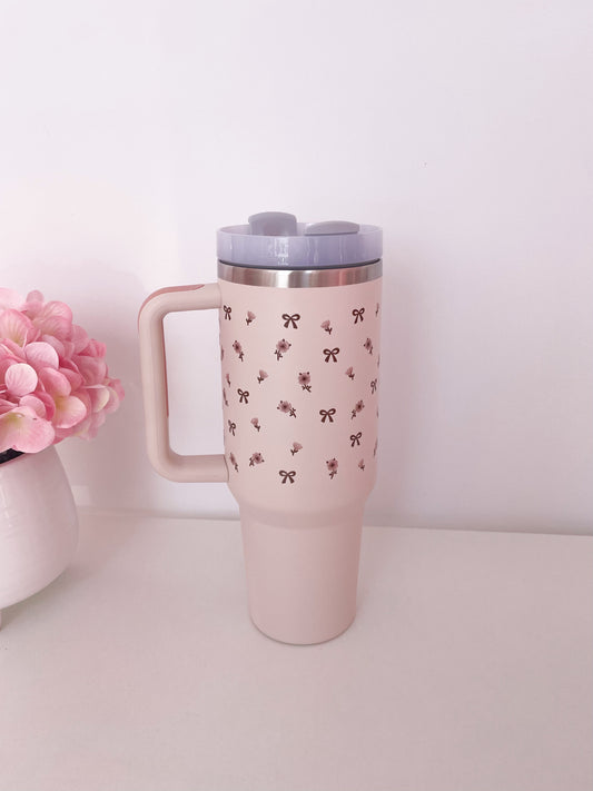 Bouteille à poignée 40 oz | Beige | Boucles et fleurs brunes
