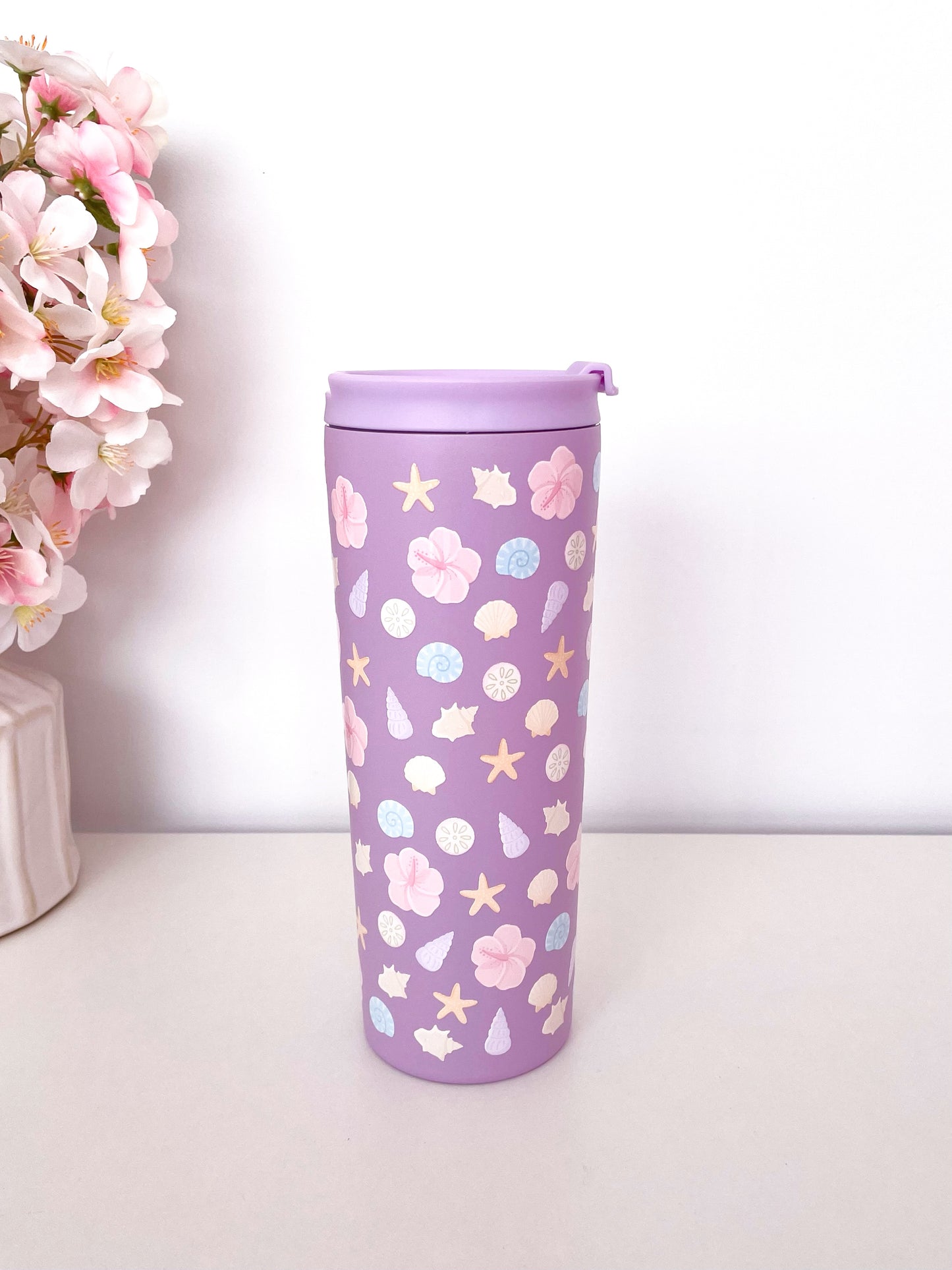 Bouteille isotherme 24 oz | Bleue ou Mauve | Coquillages, étoiles de mer et hibiscus