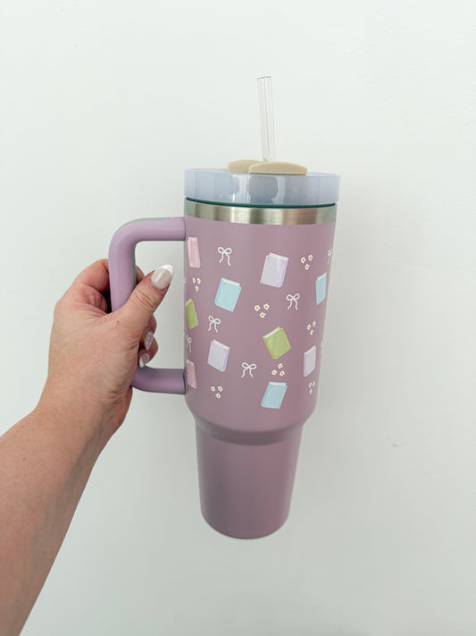 Bouteille à poignée 40 oz | Mauve | Livres pastel et boucles