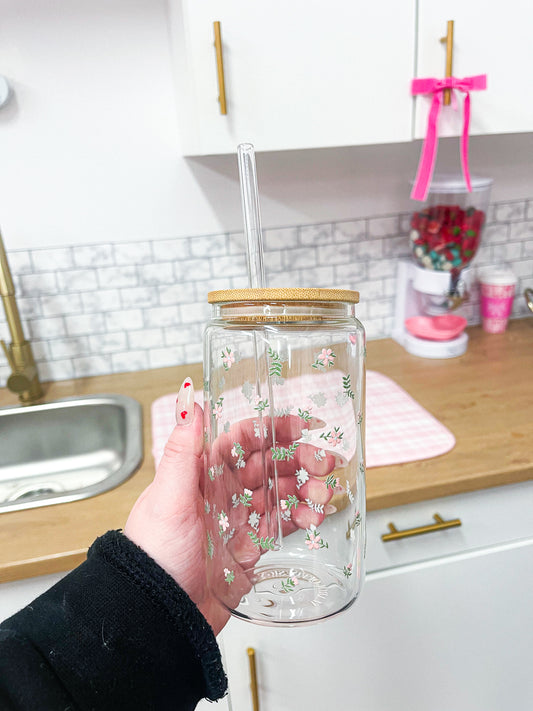 Verre 16 oz | Minis fleurs roses et feuilles